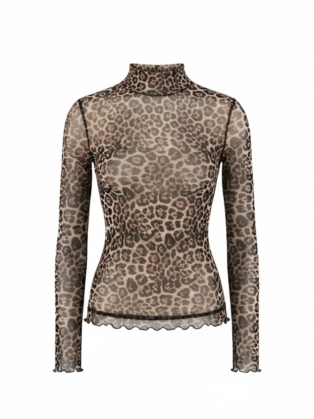 Leopard Print Mesh Turtleneck Long Sleeve Top